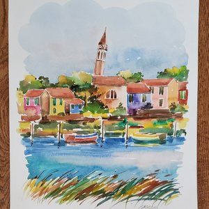 Unframed Signed City by Sea Art 12-3/4"h x 9-3/4"w - unique